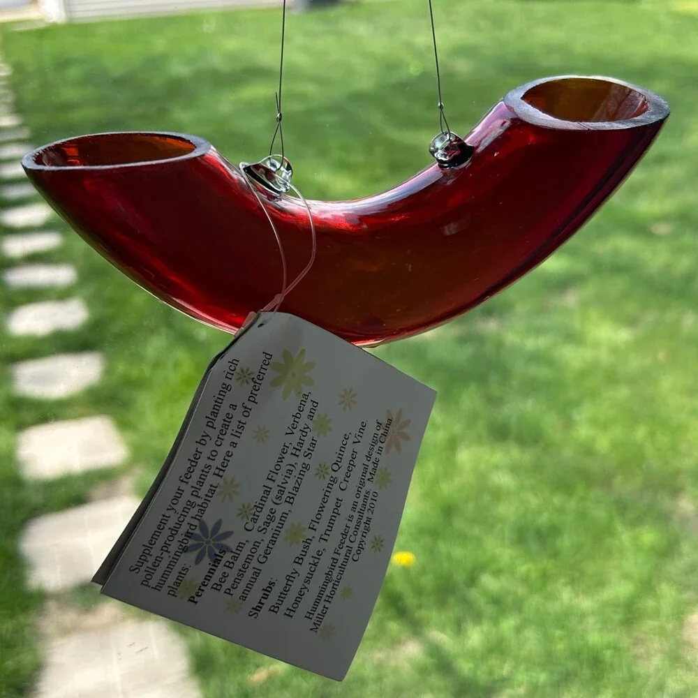 Handmade Red Glass Hummingbird Bird Feeder Original Unique Shape Round Tube